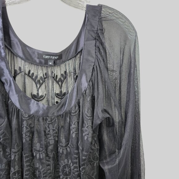Karen Kane Blouse M Black Sheer Mesh Lace Embroidered Floral Whimsygoth Silk Top - Picture 5 of 13